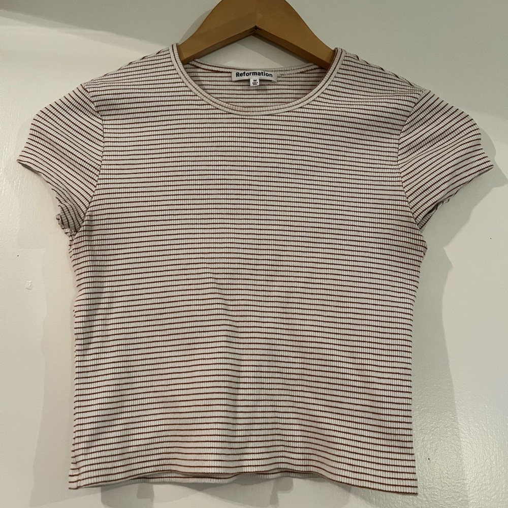 Reformation Brown and Cream Striped Short Sleeve Tee